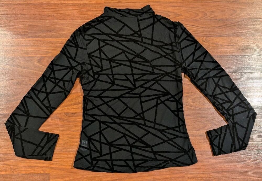 Y2K black sheer mesh long sleeve top with velvet burnout geometric